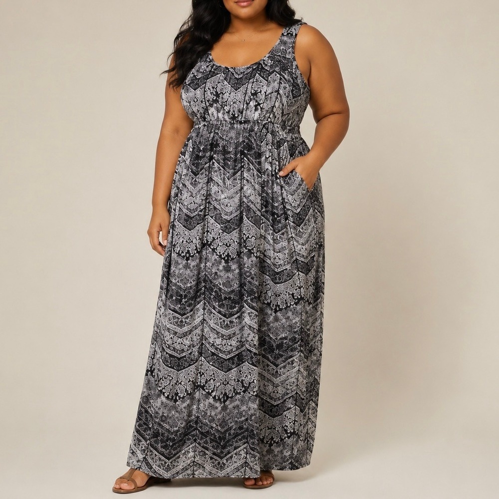 NWOT SOHO Apparel Black White Paisley Damask Maxi Dress 14W Bohemian Festival